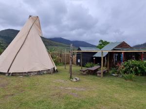 a tent in a yard next to a house at Tsitsikamma Wolf Sanctuary ECO Cabins & Teepees in Stormsriviermond