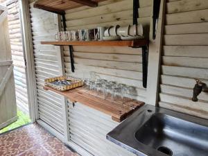 a kitchen with a sink and a counter with glasses at Tsitsikamma Wolf Sanctuary ECO Cabins & Teepees in Stormsriviermond