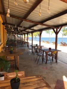 - un groupe de tables et de chaises sur la plage dans l'établissement Bon Vivant Front de Mer - Ile Rodrigues, à Rodrigues Island