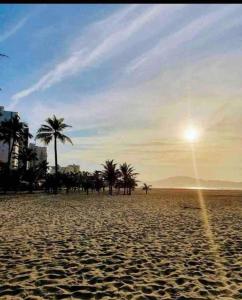 a beach with palm trees and the sun in the sky at Casa com Piscina e Churrasqueira ótima localização in Praia Grande