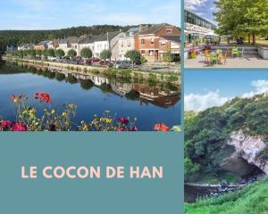 un collage de fotos de una ciudad y un río en Le cocon de Han, en Han-sur-Lesse