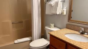 a bathroom with a toilet and a sink and a shower at Baymont by Wyndham Indianapolis Northwest in Indianapolis