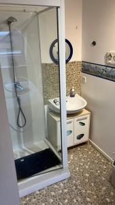 a bathroom with a shower and a sink at Caux-Breizh in Rohan +22 photos
