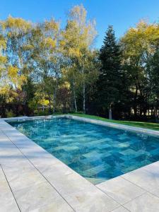 a swimming pool with blue water in a yard at Villa Les Jardins d'Anne-So in Jarny