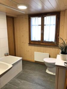 uma casa de banho com um WC, uma banheira e um lavatório. em Cosy mountain apartment 5min walk from Gondola em Fiesch
