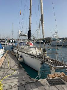 a white boat is docked at a dock at El Velero in Puerto Calero