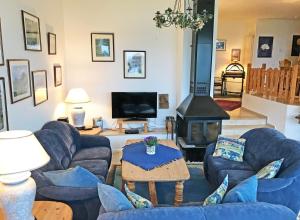 a living room with blue couches and a fireplace at Seeschwalbe in Kappeln