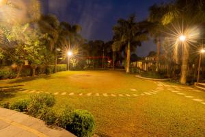 un parque nocturno con palmeras y luces de la calle en Hotel Jungle Crown, en Sauraha