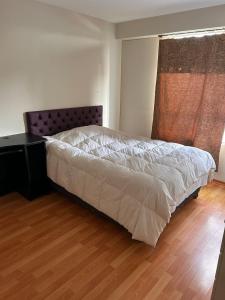 Un dormitorio con una cama grande y una ventana en Comodo y acogedor depa en Lince, en Lima