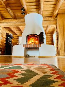 a fireplace in a wooden room with a rug at Fifth Element Retreat in Borzont
