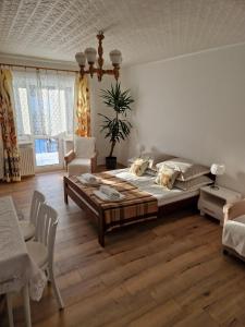 1 dormitorio con 1 cama, mesa y sillas en Górski Zakątek en Meszna