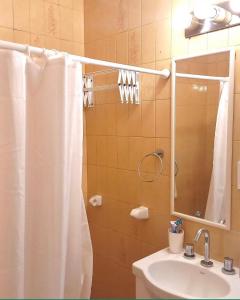 y baño con cortina de ducha y lavamanos. en Depto de 2 Amb - 4 Pax - B San José en Mar del Plata