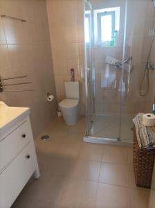 a bathroom with a toilet and a glass shower at Casa da Celeste-AL in Areias +104 photos