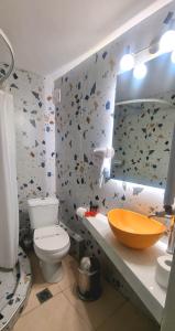 a bathroom with a toilet and a sink and a mirror at Hotel Nefeli in Volos