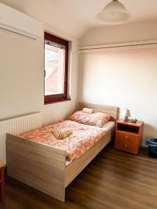 a bedroom with a bed and a window at Malom Panzió in Kiskunfélegyháza