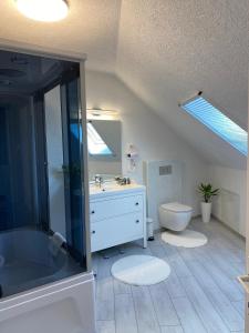 a bathroom with a toilet and a sink and a shower at Silvan Villa - Apart in Sighişoara