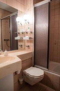 e bagno con servizi igienici, lavandino e doccia. di Landhaus Hotel Neuss a Neuss