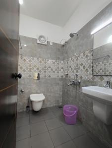 een badkamer met een wastafel, een toilet en een spiegel bij Grace Homestay in Trivandrum