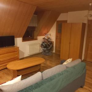 sala de estar con sofá y árbol de Navidad en Tu i Teraz - domek, en Bukowina Tatrzańska