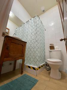a bathroom with a shower curtain and a toilet at Castelletto Bed & Breakfast in Santiago