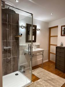 La salle de bains est pourvue d'une douche et d'un lavabo. dans l'établissement Chambre de charme au coeur du vieux Valence - Confort & Calme, à Valence