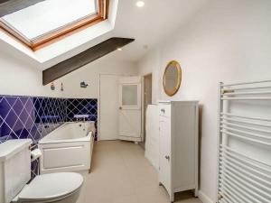 a bathroom with a white toilet and a sink at Y Gwesty Bach in Jordanston