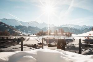 ラディスにあるAlpine Resort Goies Superiorの山々の景色を望む雪に覆われたバルコニー