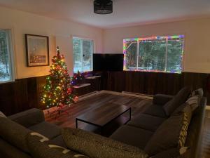 ein Wohnzimmer mit einem Weihnachtsbaum und einer Couch in der Unterkunft Le Kamillō in Notre-Dame-Des-Bois
