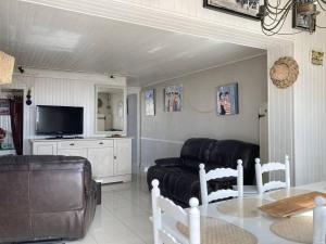 ein Wohnzimmer mit einem Sofa und einem TV in der Unterkunft Villa en front de mer in Narbonne-Plage