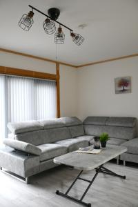 Yokkaichi City Guest House في يوكايتشي: غرفة معيشة مع أريكة وطاولة