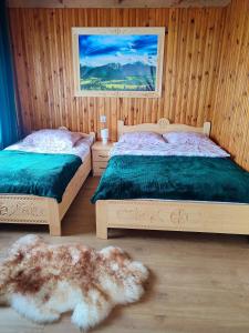 a bedroom with two beds and a rug at Pokoje u Dany Witów in Witów