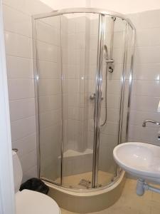 W łazience znajduje się prysznic, toaleta i umywalka. w obiekcie AGRO obiekt hotelowy we Wrocławiu