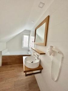 a bathroom with a sink and a bath tub at Hotýlek u Kance in Lipova Lazne