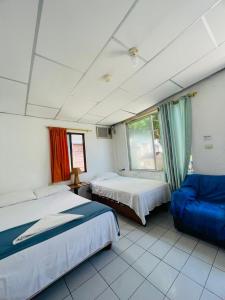 1 dormitorio con 2 camas y sofá azul en Hostal Darwin B&B en Puerto Ayora