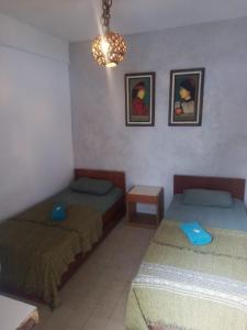 a bedroom with two beds and a chandelier at The Place Hostel in Recife