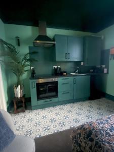 a kitchen with blue cabinets and a stove at Number Two Russell House Tavistock Devon in Tavistock