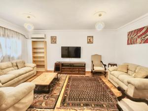 a living room with couches and a flat screen tv at Luxury 2 bedroom apartment at the heart of modern Cairo directly on Salah Salem main street in Cairo