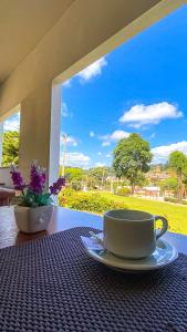 a table with a coffee cup on a table with a window at Pousada Flores do Campo in Águas de Lindóia