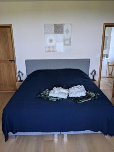 - une chambre avec un lit bleu et 2 serviettes dans l'établissement Small Gte For 2 With Pool In Peaceful Burgundy, à Sailly