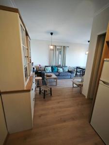 mit Blick auf ein Wohnzimmer mit einem Sofa und einer Küche in der Unterkunft Greponis House in Ano Trikala