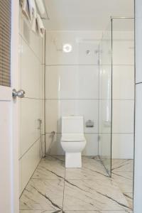 瓦卡拉的住宿－Avanthi Homestay，一间带卫生间和玻璃淋浴间的浴室