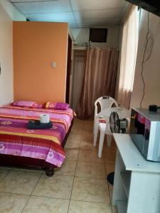 1 dormitorio con cama, mesa y escritorio en Mini suite en Garzota…., en Guayaquil