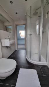 a bathroom with a shower and a toilet and a sink at Fewo Spiegelberg in Loxstedt