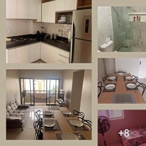 un collage di foto di una cucina con tavolo di Apart Verdemar Confort com 3 quartos para ate 8 pessoas moderno e funcional e apenas poucos passos da praia a Maceió