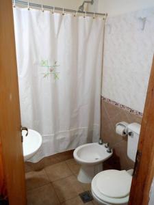 y baño con aseo y cortina de ducha. en Azahares del Ayuí en Concordia