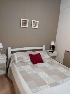 um quarto com uma cama com uma almofada vermelha em Azahares del Ayuí em Concordia