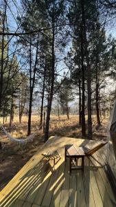 a hammock and a bench on a wooden deck at Deer Glamping in Ciudad Lujan de Cuyo