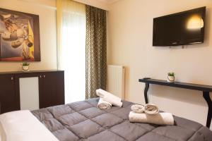 een slaapkamer met een bed en een flatscreen-tv bij Chris & Mary comfort rooms Thessaloniki center in Thessaloniki
