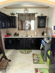 a kitchen with black cabinets and a sink and a window at Hidden Oasis in Mandeville in Mandeville