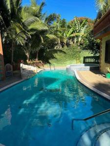 a large swimming pool with blue water and palm trees at Hidden Oasis in Mandeville in Mandeville